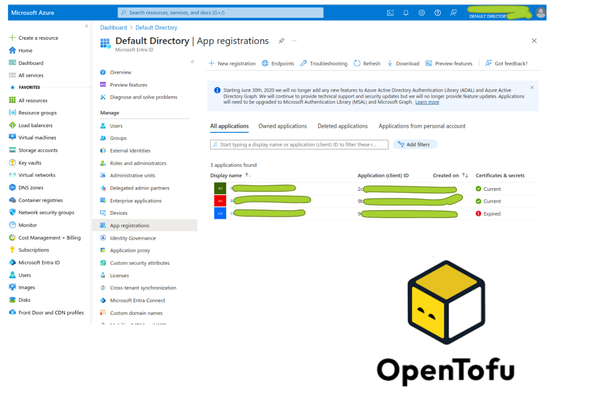 Azure Application and Opentofu